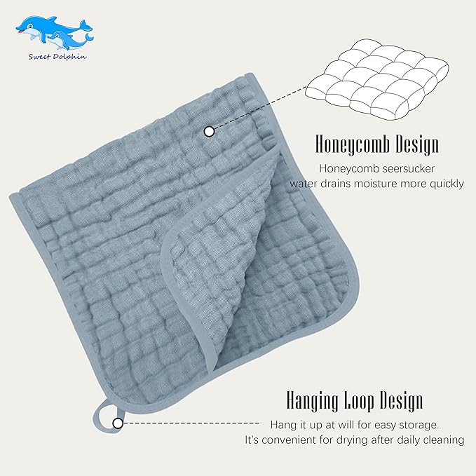 SWEET DOLPHIN 12 Pack Muslin Burp Cloths Large 100% Cotton Burping Clothes for Baby Drool - Absorbent and Soft Boys & Girls Milk Spit Up Rags for Newborn Essentials Registry - Ocean Dip