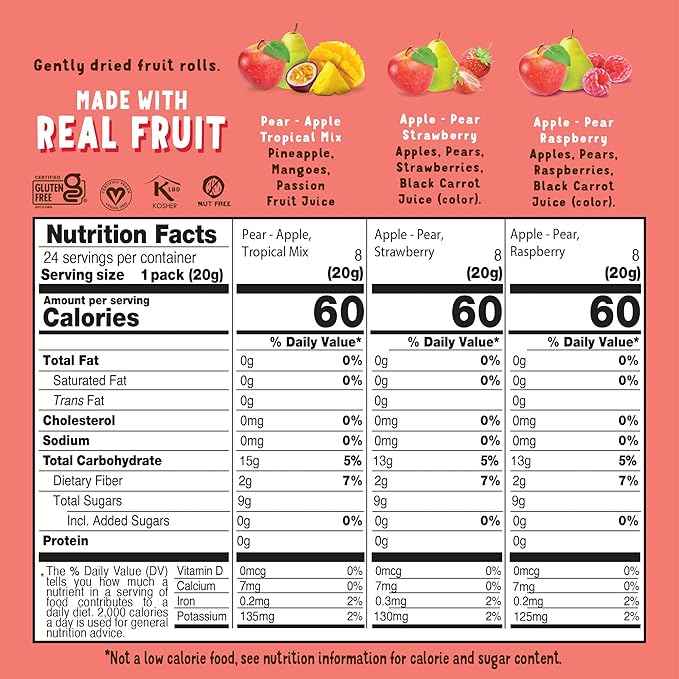 BEAR Real Fruit Snack Rolls - Gluten Free, Vegan, and Non-GMO - Variety Pack (Strawberry, Raspberry, Tropical)) – Healthy School And Lunch Snacks For Kids And Adults, 0.7 Ounce (Pack of 24)
