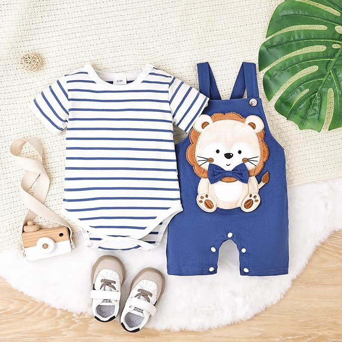 Baby Boy Clothes Newborn Outfits Stripe Romper Infant Cartoon Overall Adjustable Suspender Pants Set 0-18 Months