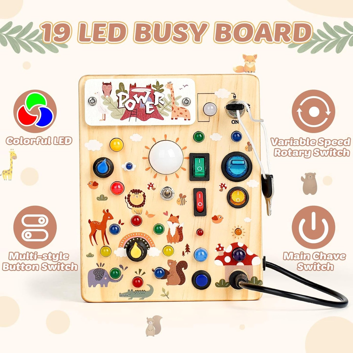 Joyreal Wooden Busy Board with LED Light, Montessori Toddler Toys, Wooden Sensory Board, Toddlers Activity Travel Toys for Boy & Girl Birthday Gift (Forest Theme)