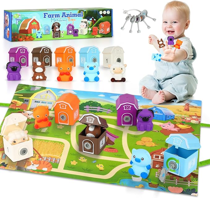 Farm Animal Learning Toys for 2 3 4+ Year Old Toddlers, Counting, Matching & Sorting Montessori Educational Sensory Toys, Playmat, Finger Puppets, Shape Keys and House, Easter Christmas Birthday Gift
