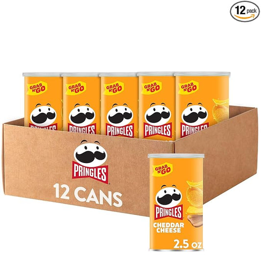 Pringles Potato Crisps Chips, Lunch Snacks, Office and Kids Snacks, Grab N' Go, Cheddar Cheese (12 Cans)