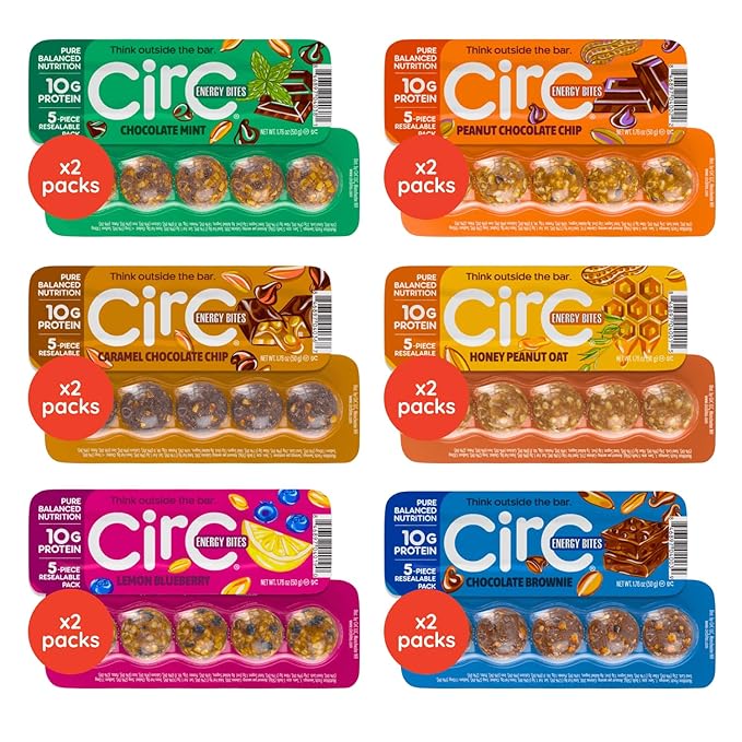 CirC Energy Bites - New Variety 12 Pack Gluten Free Protein Balls - 10g Protein, Whole Grains, Nuts & Fruit - Portable Healthy Snacks for Adults & Kids, 5 Piece Resealable Packs