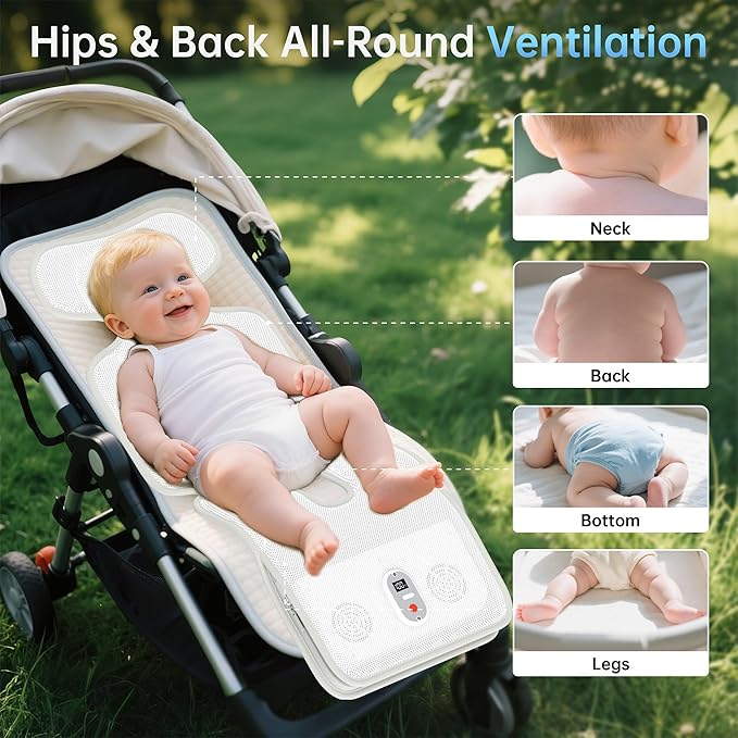 Rechargeable Baby Stroller Cooling Pads with Dual Blower -10000mAh Battery Operated Cooling Cushion, Max 10H Cooling, 3 Speeds, Baby Summer Essential Breathable Car Seat Liner for Outdoors Stroller