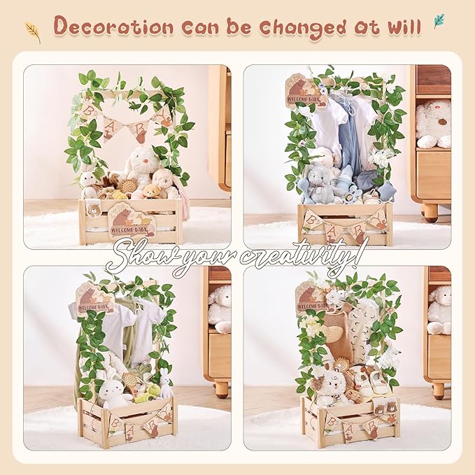 Wooden Baby Shower Crate Closet - Forest Animals Themed Personalized Crate with Hangers & Decorative Accents, Easy Assembly Natural Wood Gift Basket Ideal for Baby Shower & Nursery Storage
