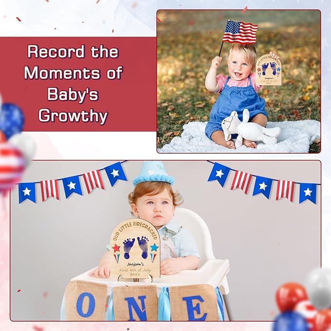 R HORSE Baby's First July 4th Footprint or Handprint DIY Art Sign Craft, 3D Engraved Wooden Hanging Ornament, Newborn Keepsake Gift Photo Prop for Unisex Baby Independence Day Baby Shower Supplies