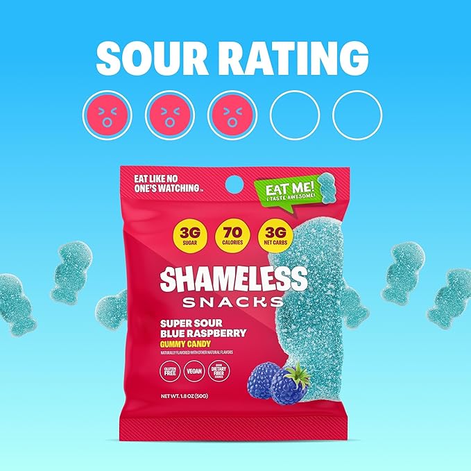 Shameless Snacks - Healthy Low Calorie Snacks, Low Carb Keto Gummies (Gluten Free Candy) - 6 Pack Sour Blue Raspberry