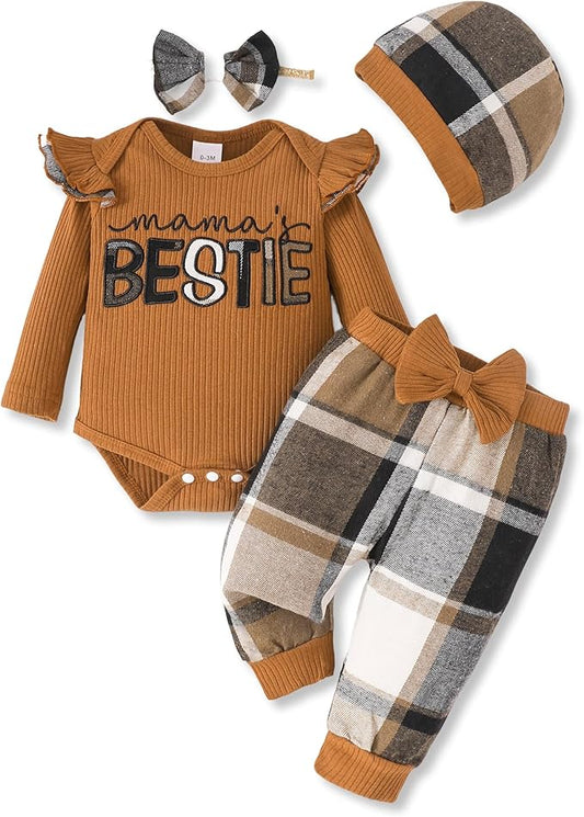 SUNNY PIGGY Baby Girl Clothes Newborn Outfits Infant Ruffle Romper 0-18M Fall Winter Flower Plaid Pants Clothing Set