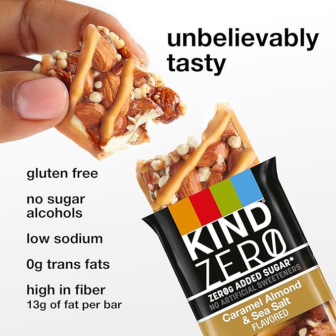 KIND ZERO Added Sugar Bars, Caramel Almond & Sea Salt, Keto Friendly Snacks, Gluten Free, 5g Protein, 5 Count