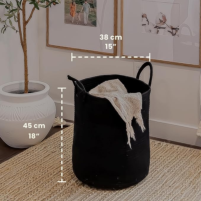 OrganiHaus Large Laundry Basket, Woven Cotton Rope Basket for Blankets, Toy Storage, Nursery Hamper, Living Room Decor Organizer, Soft & Durable Hamper with Handles, 15x18 inches - Black