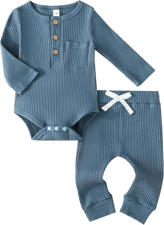 Newborn Baby Boy Girl Clothes Ribbed Knit Cotton Long Sleeve Romper Long Pant Preemie Solid Color Unisex Outfits
