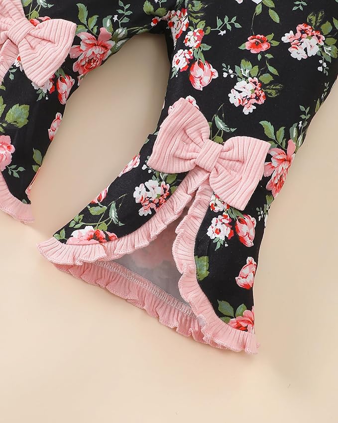 SUNNY PIGGY Newborn Baby Girl Clothes Infant Outfits Romper Floral Fall Outfit Bell Bottoms Pant Sets Hat Headband Flowerpant