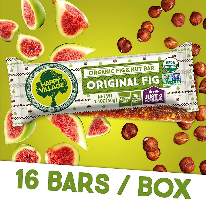 Happy Village Organic Fig & Nut Bar, ORIGINAL FIG | Only 2 Ingredients, Gluten Free, No Added Sugar, Kosher, Non-GMO, Vegan, Good Source of Fiber | Organic Healthy Snack Bars (16 bars, 1.4 OZ each)