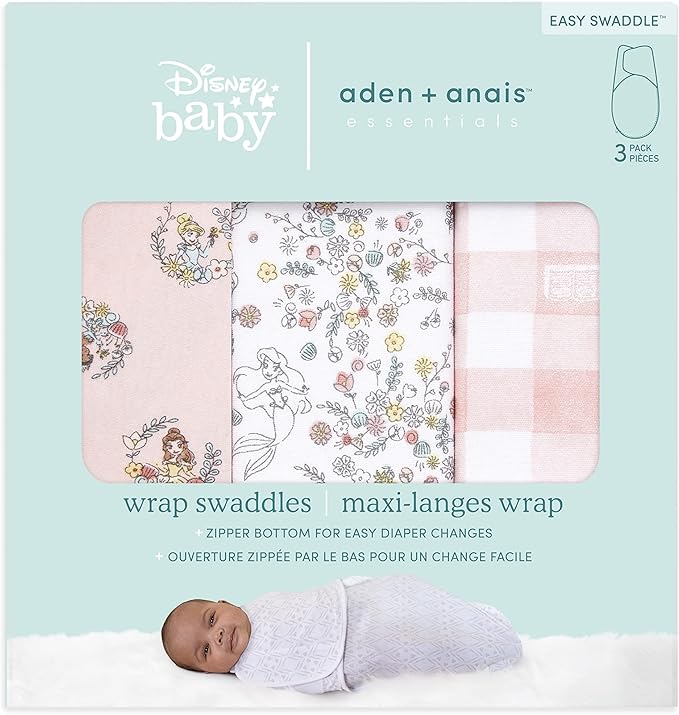 aden + anais Essentials Easy Swaddle Wrap Quick Change with Bottom Zipper, Snug Cotton Knit Baby Wrap Swaddle Blanket for Newborns, TOG 1.0, 3-Pack, Disney Princess, 0-3 Months, Small/Medium
