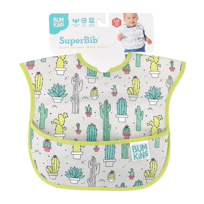 Bumkins Bibs for Girl or Boy, SuperBib Baby and Toddler 6-24 Months, Essential Must Have for Eating, Feeding, Baby Led Weaning Supplies, Mess Saving Catch Food, Waterproof Soft Fabric, Green Cactus