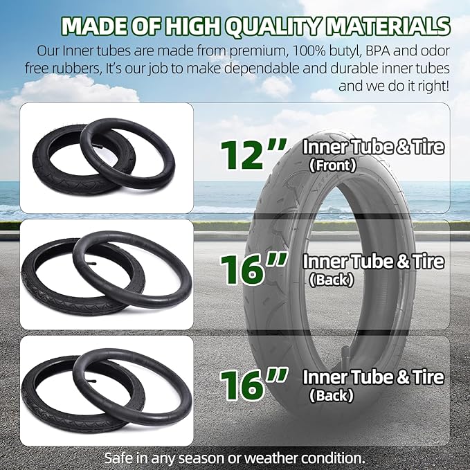 16" Back and 12.5" (2+1) Front Wheel Replacement Inner Tubes and Tires | Compatible with BoB Stroller Tire Revolution SE/Pro/Flex/SU/Ironman - Made from BPA/Latex Free Premium Quality Butyl Rubber