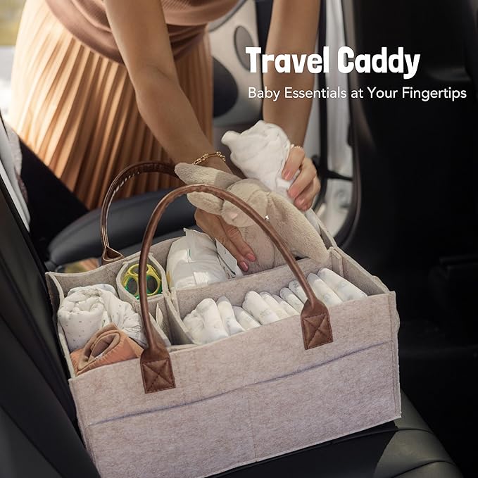 Lily Miles Baby Diaper Caddy Organizer, Nursery Storage Basket for Newborn Essentials, Neutral Gift for Baby Shower, Registry Must-Have, Car Organizer for Diapers and Wipes - Sand, Large