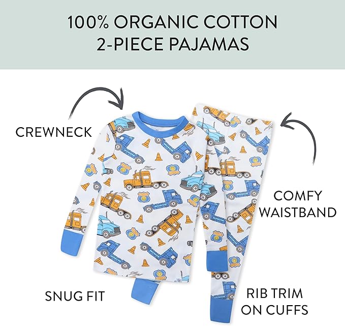 HonestBaby 2-Piece Pajamas Sleepwear Pjs 100% Organic Cotton for Baby, Toddler, Kids, Boy