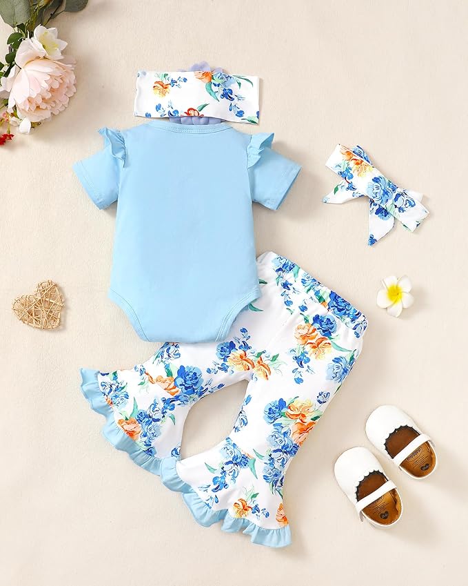 SUNNY PIGGY Newborn Baby Girl Clothes Infant Outfits Romper Floral Fall Outfit Bell Bottoms Pant Sets Hat Headband Flowerpant