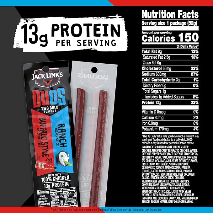 Jack Link's DUOs Chicken Jerky Meat Snack Sticks with 13g Protein - Frank's RedHot Buffalo Style With Creamy Ranch, Made with 100% Chicken, Two Flavors in One Package, 1.84oz (10 Pack of 2 Sticks)