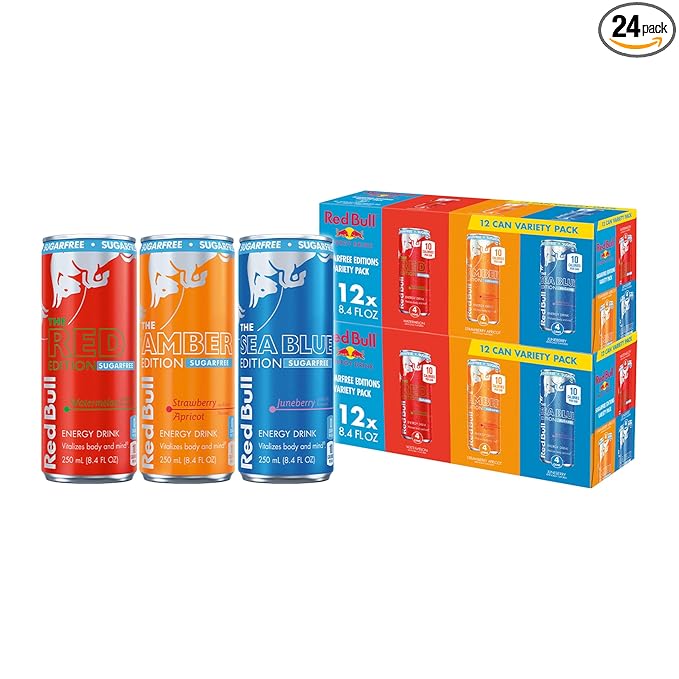 Red Bull Energy Drink Sugar Free Variety Pack, Red, Amber, and Sea Blue, with 80mg Caffeine, Taurine & B Vitamins, 8.4 fl. oz., 2 x 12 pack, 24 Cans Case