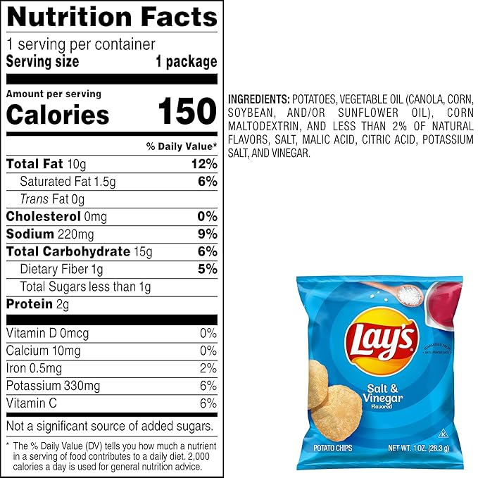 Lay's Salt & Vinegar Flavored Potato Chips, (40 Count)