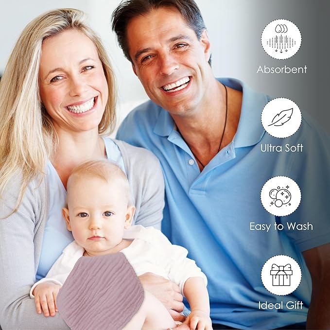 Baby Washcloths -100% Cotton Muslin Soft Baby Bath Wash Cloths and Absorbent Baby Wipes for Newborns Kids Girls and Boys - 12 Pack, 12x12 Inches - Brown, Honey, Bean Paste Series