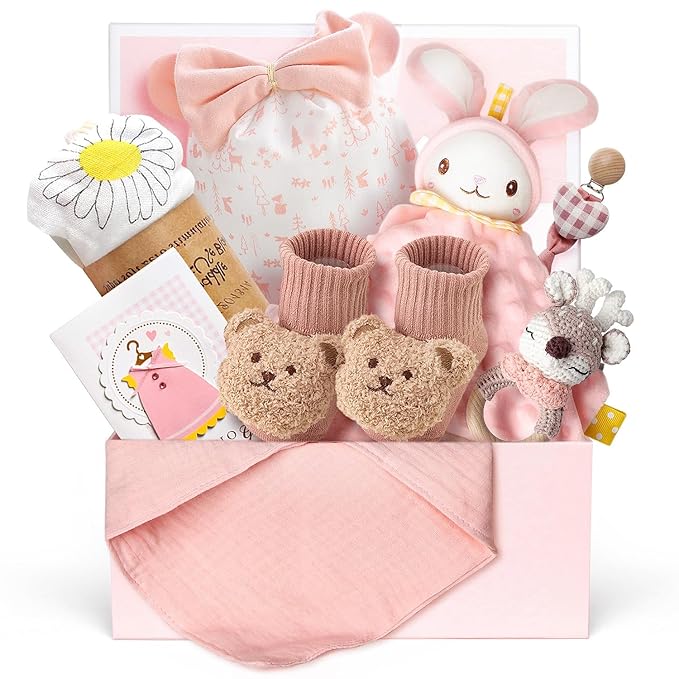 10 PCS Baby Gift Set for Girls, Newborn Essentials Stuff Baby Girl Gifts, Baby Girl Gift Basket, Gender Reveal Gifts Basket with Rattle Swaddle Blanket