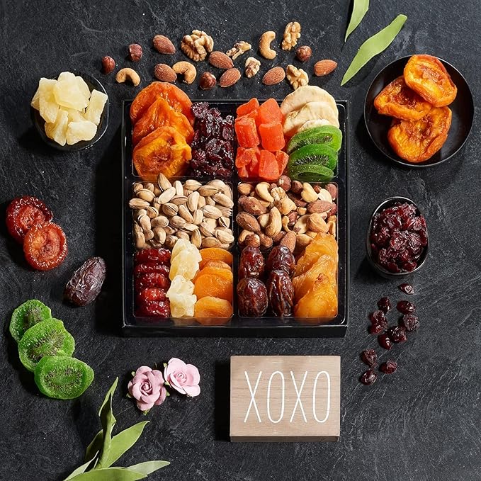 Dried Fruit & Nuts Gift Basket Arrangement Platter, Gourmet Food Snack Box, For Christmas, New Years, Birthday Care Package, Healthy Kosher - Her Him - 12 Snackberry Assortment (6-Pack)