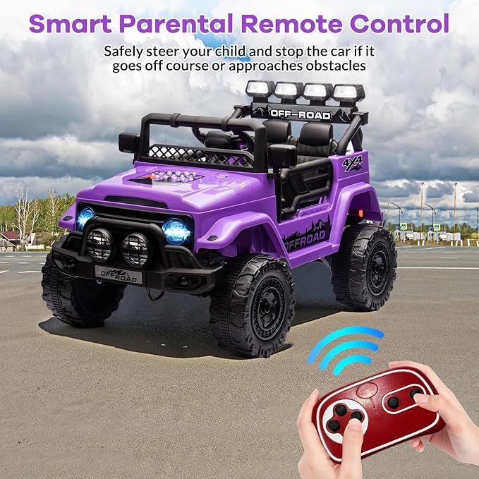 GarveeLife 12V Kids Ride On Car, Ride On Toy for Kids Ages 37-96 Months, Electric Truck with 5MPH Max Speed, Remote Control, Steering Wheel, Accelerator Pedal, Treaded Tires, Music and Story, Purple