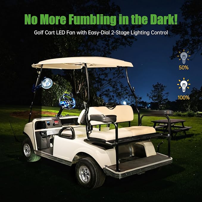 10L0L Golf Cart Fan - Universal Mount, 8000mAh Battery, 3-Speed Fan, LED Light, 56-Hour Runtime, Reverse Charging Function for Yamaha EZGO Club Car Golf Cart, Blue