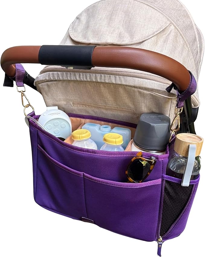 Sarah Wells Stroller Caddy & Pump Bag – Insulated Neoprene Diaper Organizer with Crossbody Strap, Machine Washable, Luggage Sleeve – Fits Single & Double Strollers (Purple)