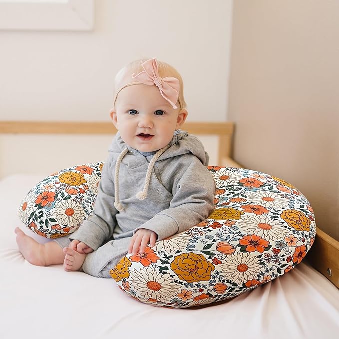 Konssy 2 Pack Nursing Pillow Covers, Stretchy and Soft Nursing Cover for Breastfeeding, Pillow Slipcover for Baby Girls Boys Newborn (Beige, Floral)