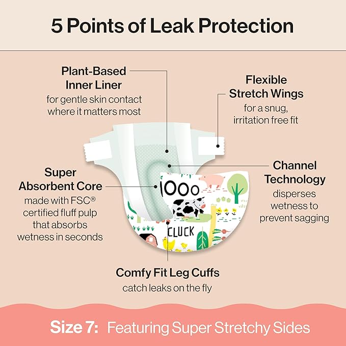 The Honest Company Clean Conscious Diapers for Delicate Skin | Up to 100% Leakproof | Hypoallergenic, Fragrance Free | Gender Neutral | Club Box, Size 7 (41+ lbs), 32 Count (Prints May Vary)