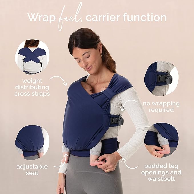 Boba Bliss Pre-Wrapped Baby Carrier with Buckle - Newborn to 7-35 lbs Light, Breathable & Easy to Adjust Hybrid Infant Sling & Toddler Carrier - Certified Hip-Healthy for 0-18 Months - Navy Blue