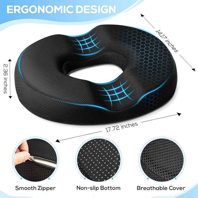 Donut Pillow Seat Cushion, Donut Chair Cushions for Postpartum Pregnancy & Hemorrhoids, Sciatica & Hip & Coccyx Pain Relief Desk Chair Cushion for Long Sitting Office Workers, Car Drivers