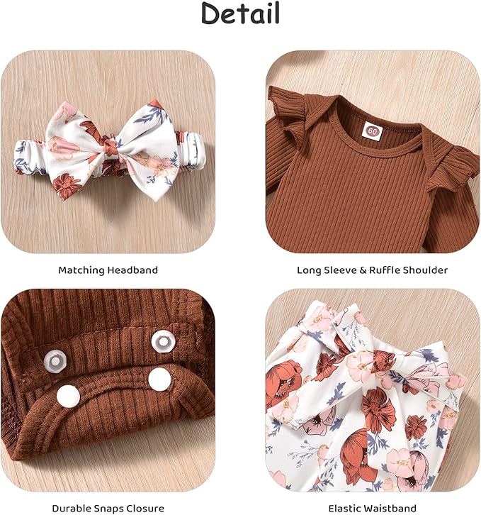 Aalizzwell Preemie Newborn Infant Baby Girls Clothes Ribbed Romper Bodysuit Pants Set Fall Winter Outfits