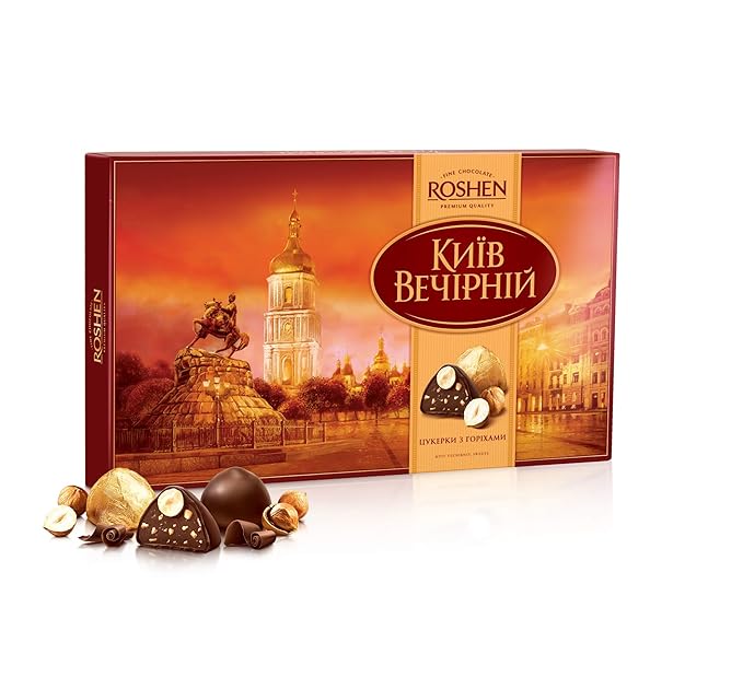 Roshen Kiev Vecherniy Chocolate Candy with Chopped and Hazelnuts Coating, Premium Gift Box 12.42oz/352 grams