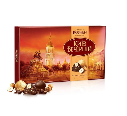 Roshen Kiev Vecherniy Chocolate Candy with Chopped and Hazelnuts Coating, Premium Gift Box 12.42oz/352 grams