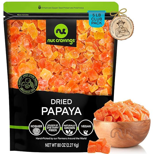 NUT CRAVINGS - Sun Dried Papaya Chunks, Lightly Sweetened (80oz, 5 LB) Bulk Dry Fruits Packed Fresh in Resealable Bag - Sweet Healthy Snack, Naturally Grown, Vegan, Kosher