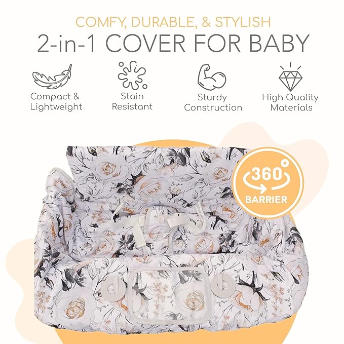 2-in-1 Cushy High Chair and Shopping Cart Cover for Baby, Comfortable Universal Fit Cover, Includes Storage Pouch - Coming Up Roses