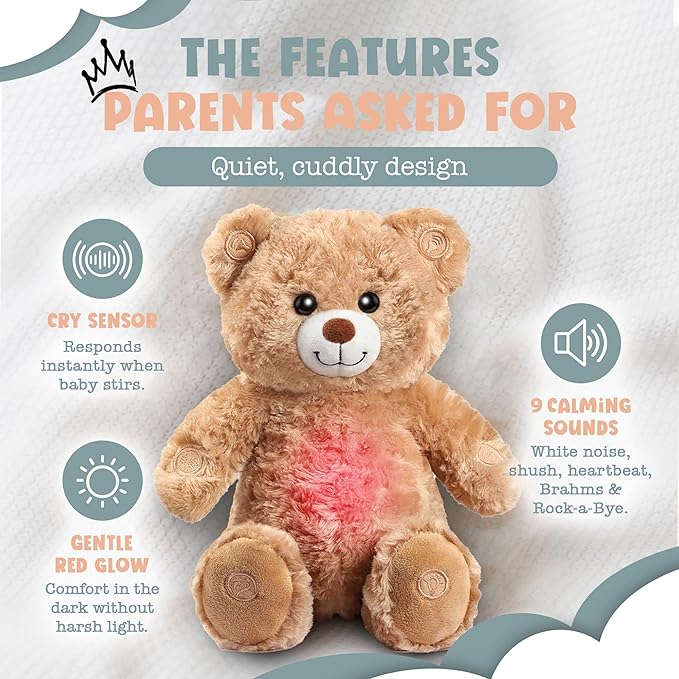 Gemma Joy Baby Sleep Soother Teddy Bear for Baby – Cry Activated Heartbeat Stuffed Animal – Rechargeable Crib Soother with White Noise, Shush, Lullabies & Night Light – Newborn Essentials Must Haves
