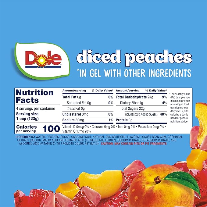 Dole Fruit Bowls Peaches in Strawberry Flavored Gel Snacks, 4.3oz 24 Total Cups, Gluten & Dairy Free, Bulk Lunch Snacks for Kids & Adults