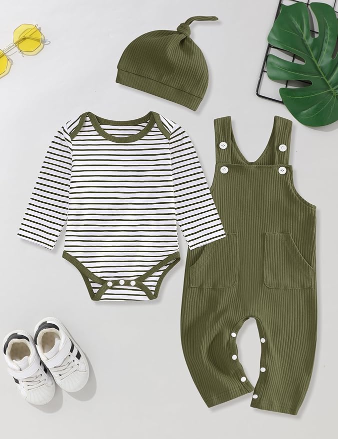 oklady Baby Boy Clothes Stripe Pattern Print Romper Top and Baby Overalls with Hat 0-18 Months Baby Boy Outfits