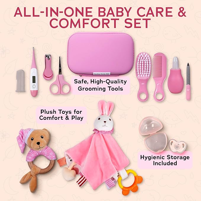 Sky Bliss 18pc Gift Set, Baby Grooming kit, Baby Clothes, Baby Rattle, Baby Blanket, Swaddle, Pacifier, Gifts for New Baby Girl, Newborn Essentials, Baby Gift Set (Grooming Kit), Gift for New mom.