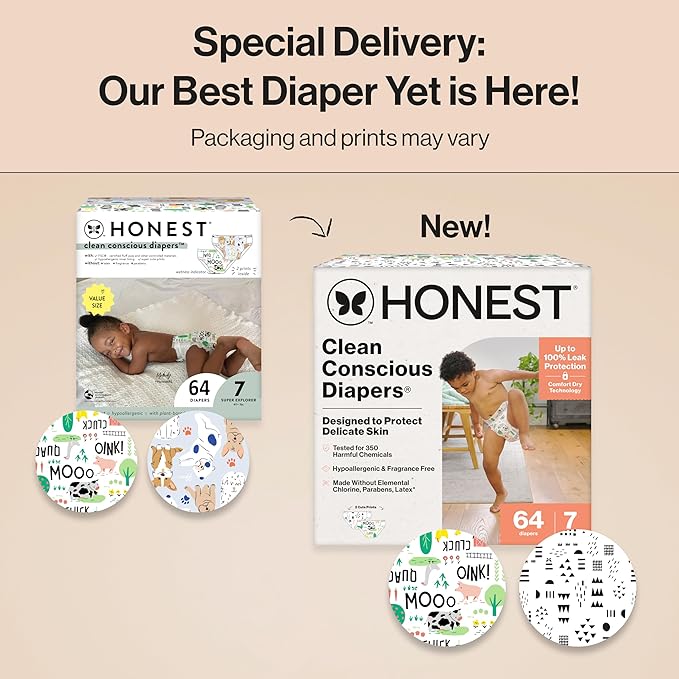 The Honest Company Clean Conscious Diapers for Delicate Skin | Up to 100% Leakproof | Hypoallergenic, Fragrance Free | Gender Neutral | Super Club Box, Size 7 (41+ lbs), 64 Count (Prints May Vary)