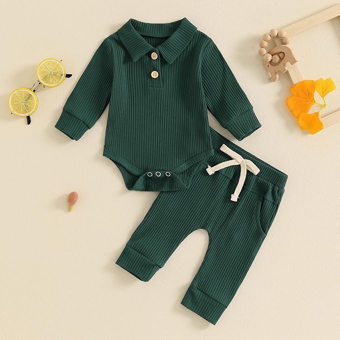Newborn Baby Boy Girl Clothes Ribbed Knitted Long Sleeve Romper Pants Solid Cotton Infant Fall Winter Outfits 2Pcs