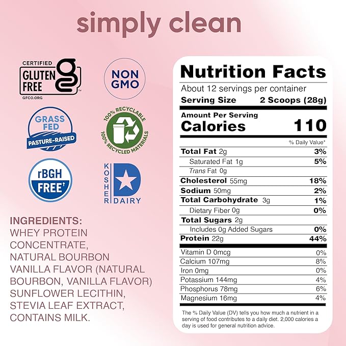 Simply tera's Pure Whey Protein Powder - Vanilla Protein Powder, Grass Fed Whey Protein Powder, Clean Protein Powder Without Artificial Sweeteners, Non-GMO, Kosher, rBGH-Free, Soy-Free - 12 Oz