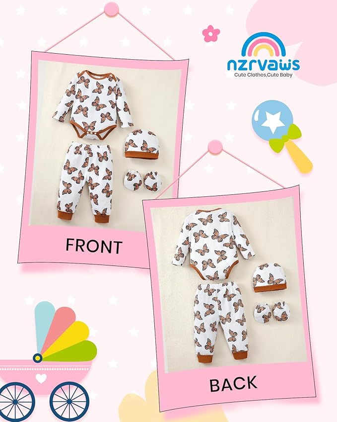 NZRVAWS Newborn Baby Boy Girl Clothes Unisex Infant Romper Pants Set Hat 4-Pack Outfits 0-12 Months 16 Pieces Toddler