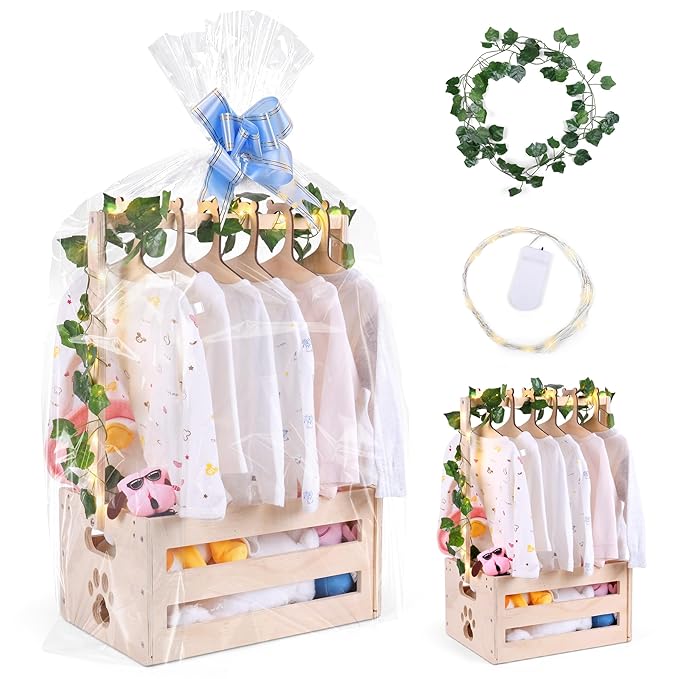 Wooden Baby Shower Crate Closet, Baby Basket with Handle Baby Storage Crate Hamper, Baby Welcome Gifts with 6 Pieces Teddy Bear Wooden Hangers, Baby Personailzed Basket for Pregnancy New Parent